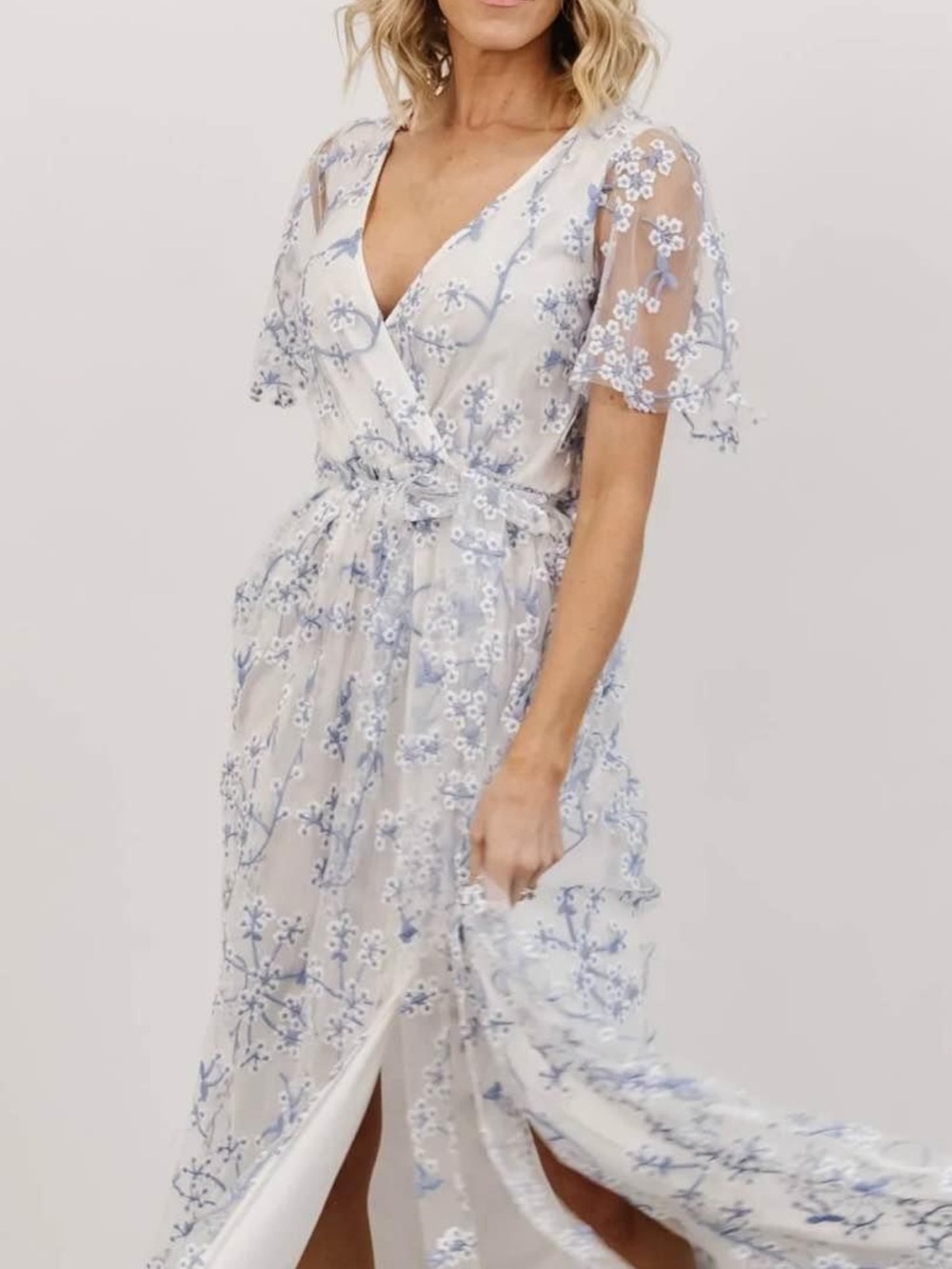 Baltic Born White Maxi Dress with Light Blue Floral Embroidery